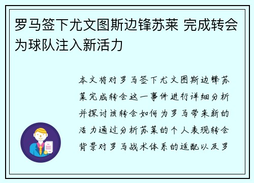 罗马签下尤文图斯边锋苏莱 完成转会为球队注入新活力
